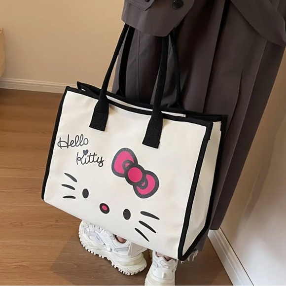 NIP Hello Kitty Sanrio Canvas Tote Bag Black Lining - Picture 3 of 7